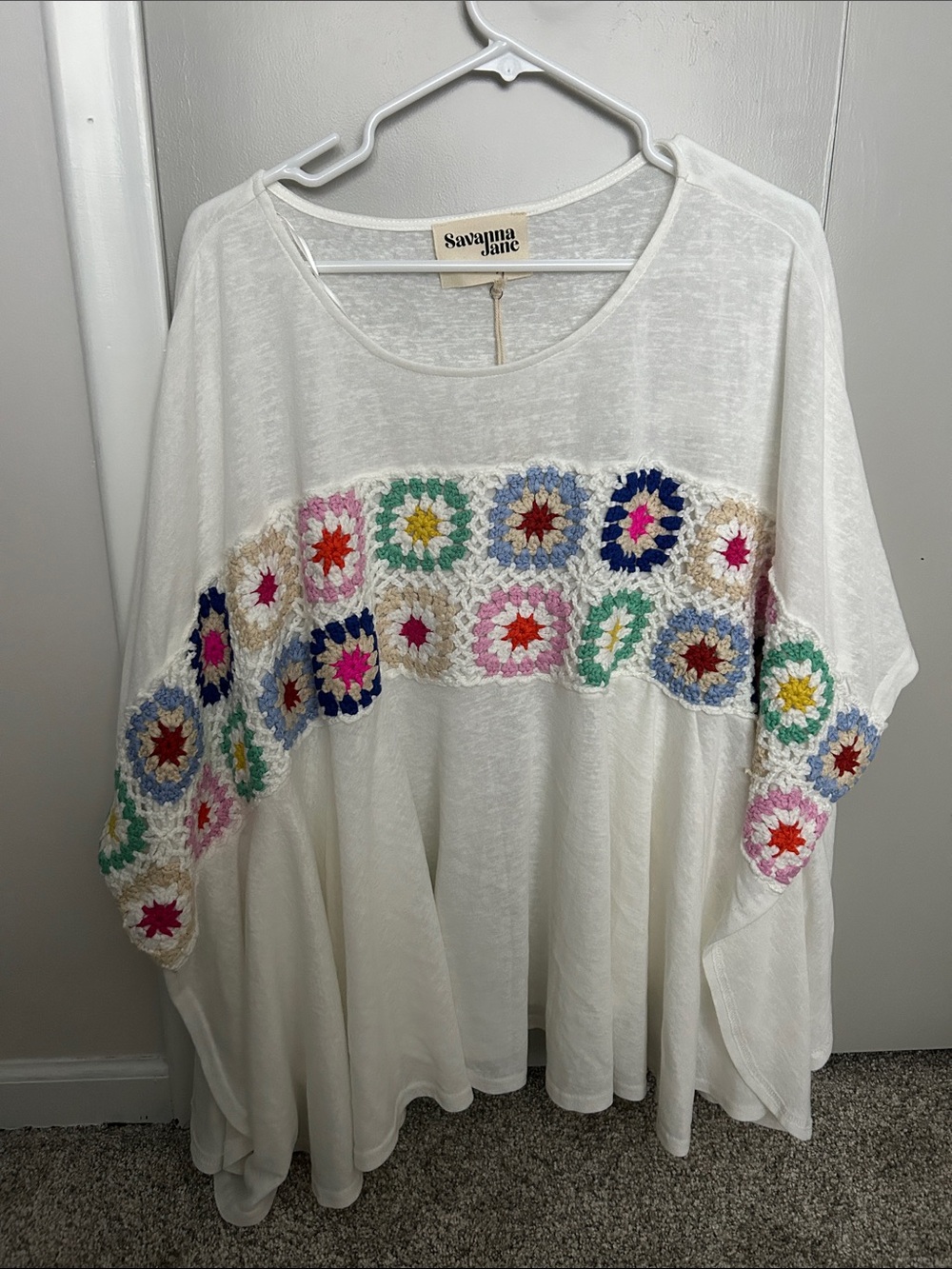 Savanna Jane White Boho Crochet Panel Boxy Tunic